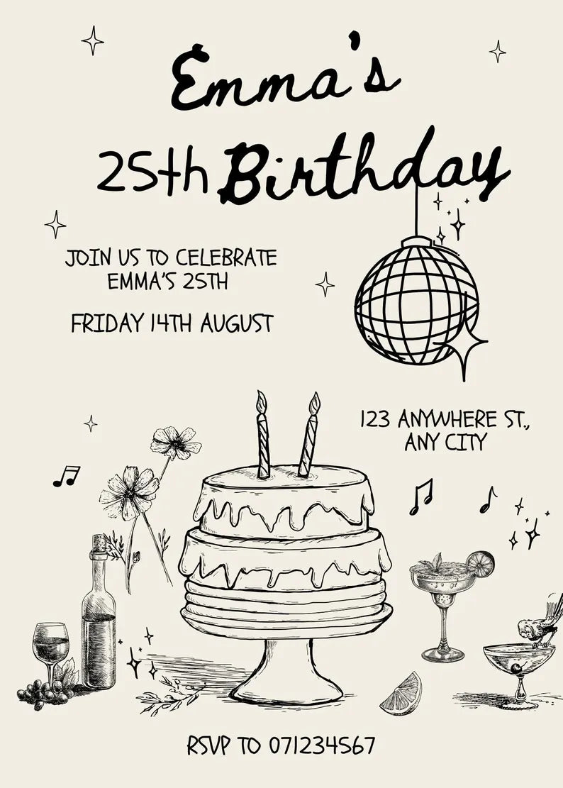 Fine line birthday invitation