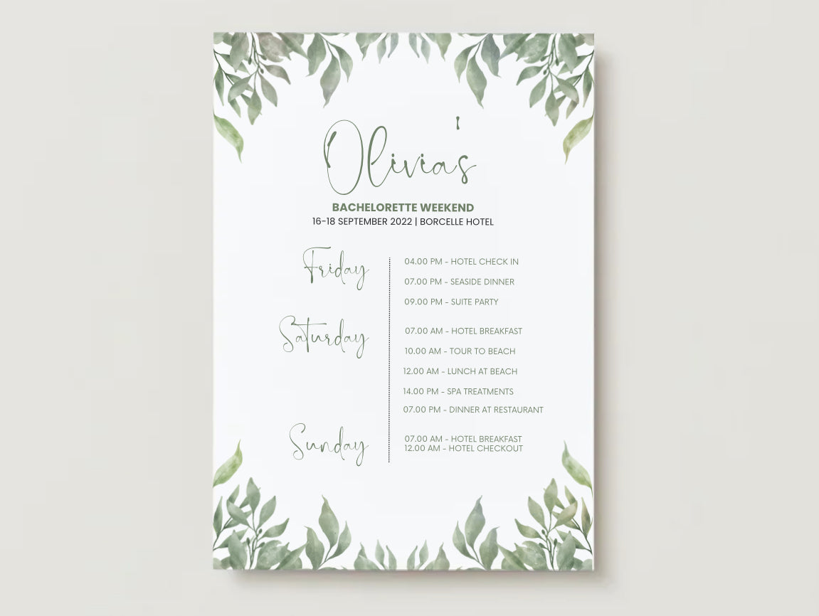 Sage green hen do itinerary