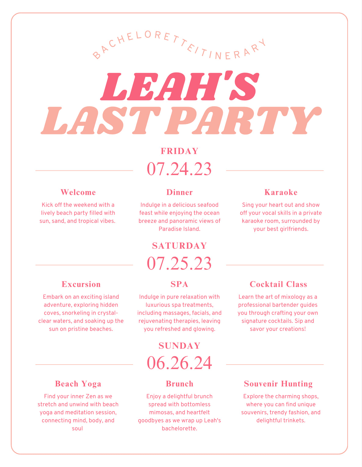 Pink and peach hen do itinerary