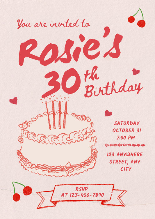 Cherry cake birthday party invitation