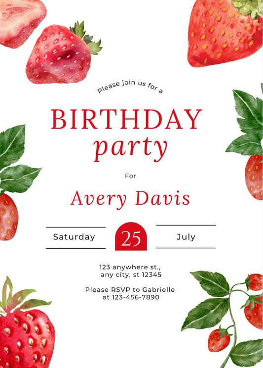 Strawberry birthday party invitation