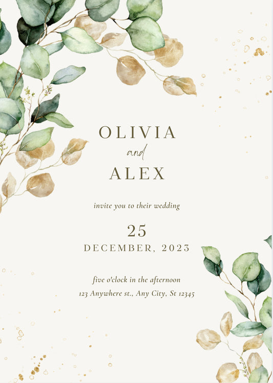 Sage green leaves wedding invitation