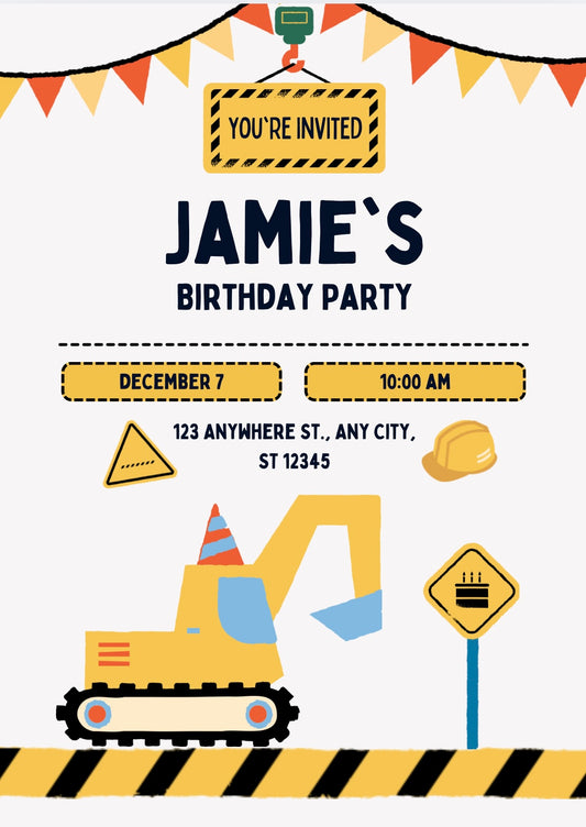 Construction birthday party invitation
