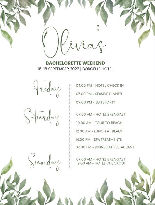 Sage green hen do itinerary
