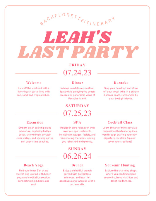 Pink and peach hen do itinerary